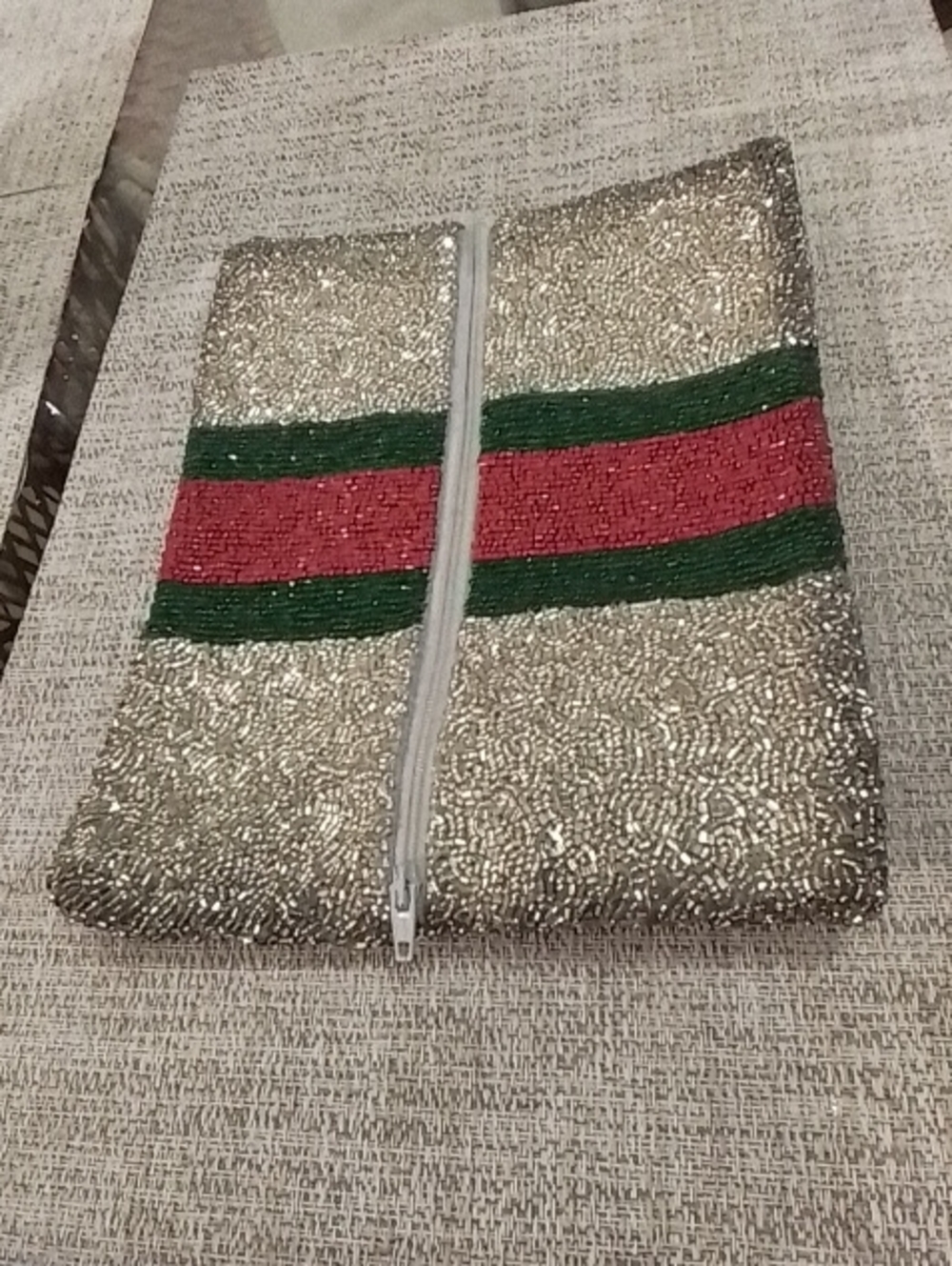Tiana Hand Beaded Metallic Silver Clutch Bag Green Red Silver - Picture 7 of 12